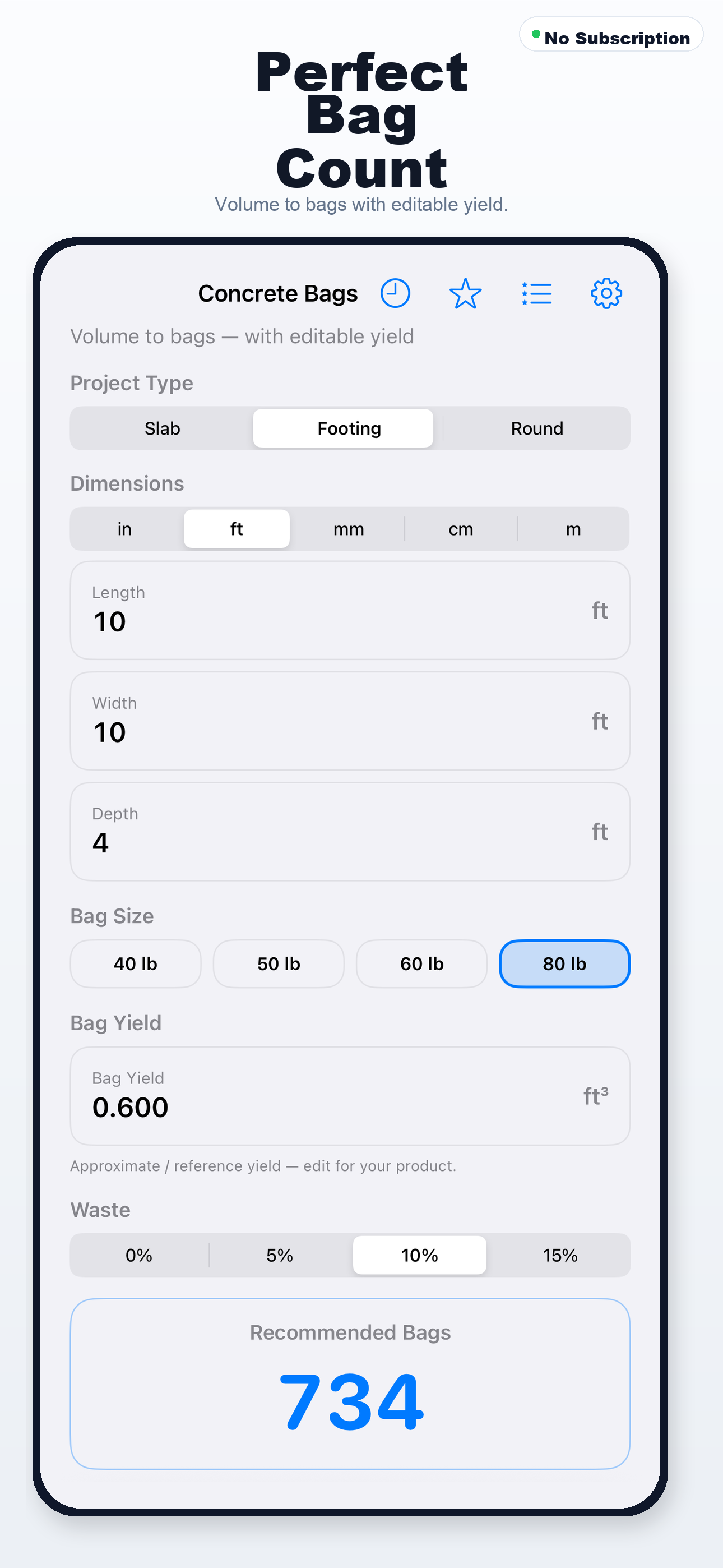 Concrete Bag Calculator iPhone screen 1