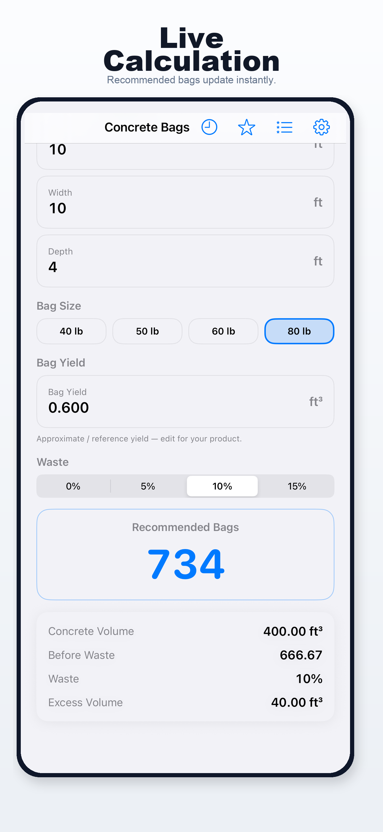 Concrete Bag Calculator iPhone screen 2
