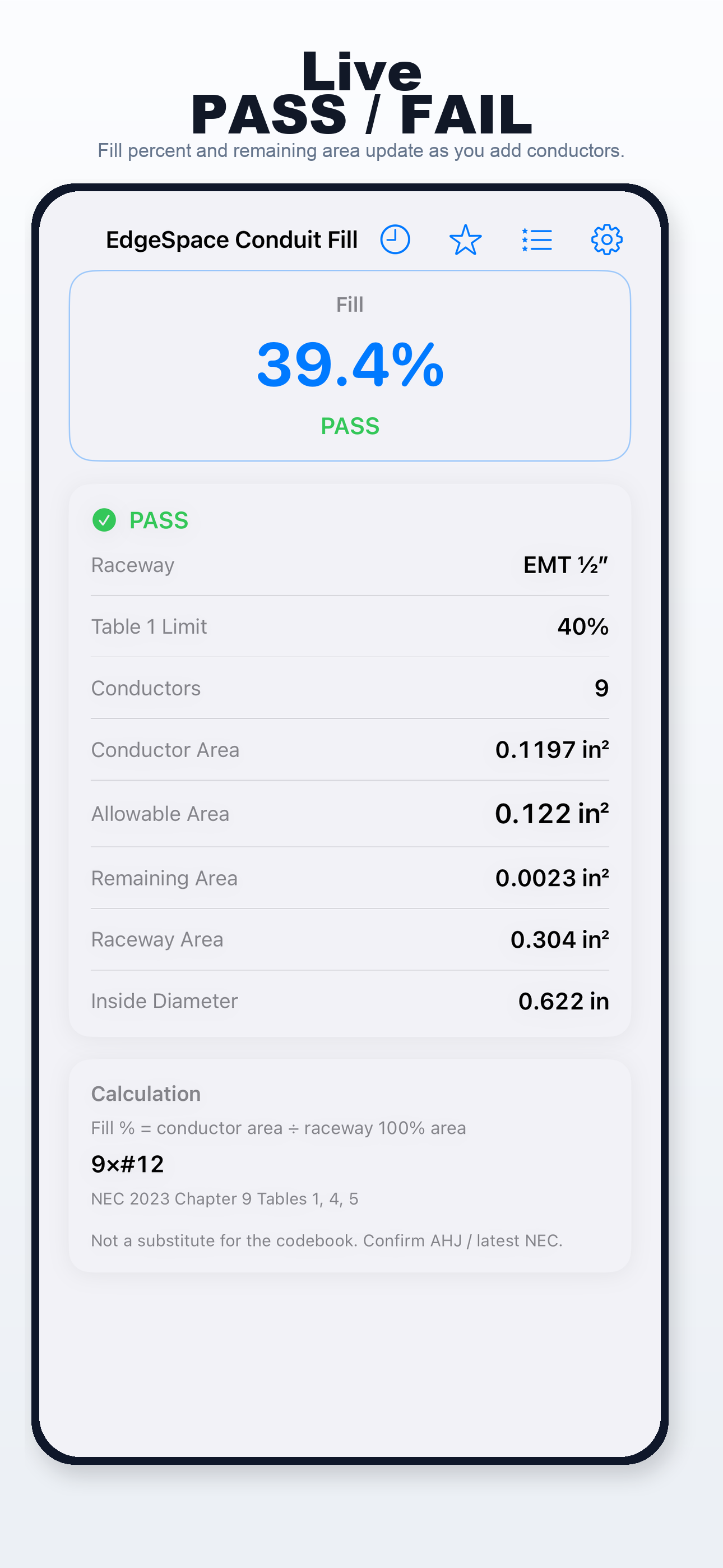 Conduit Fill Calculator iPhone screen 2