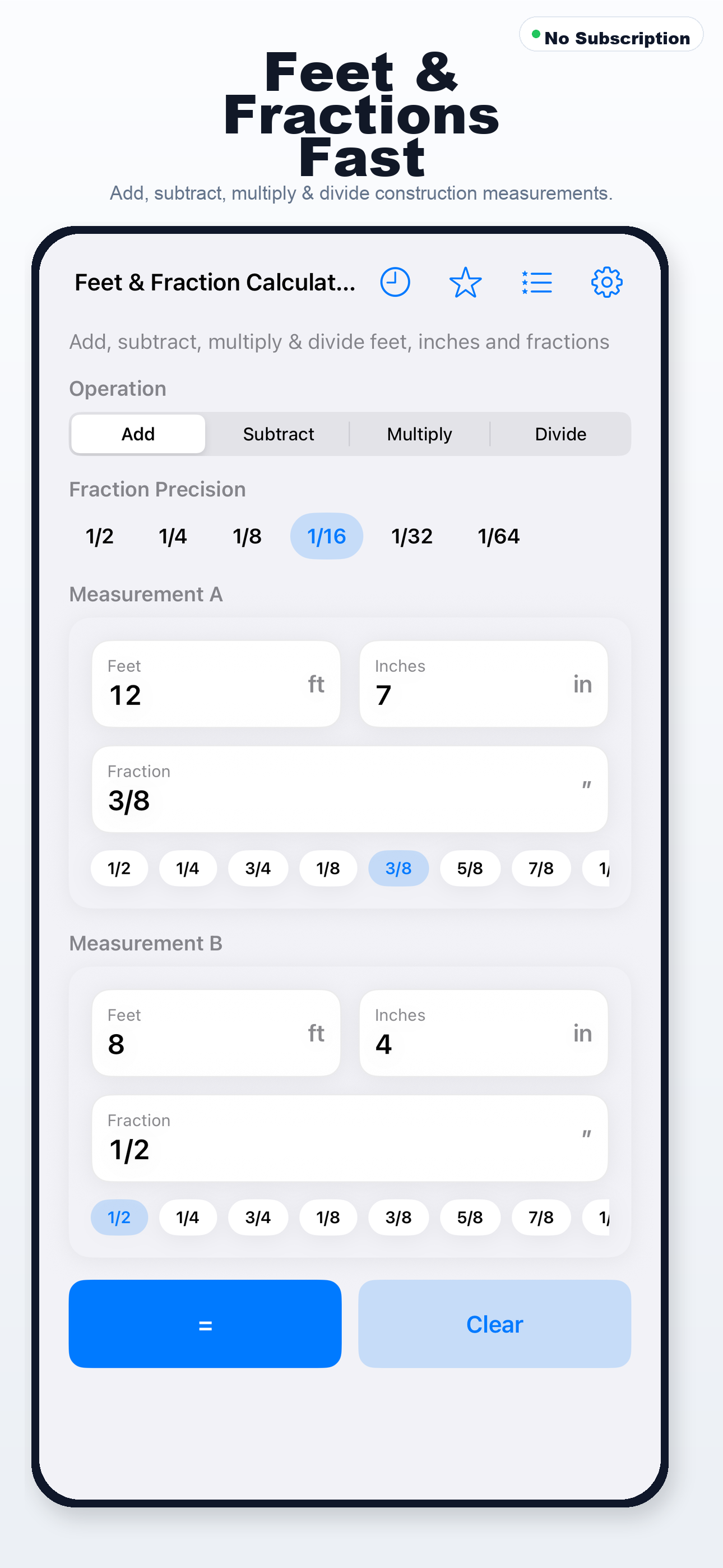 Feet & Fraction Calculator iPhone screenshot