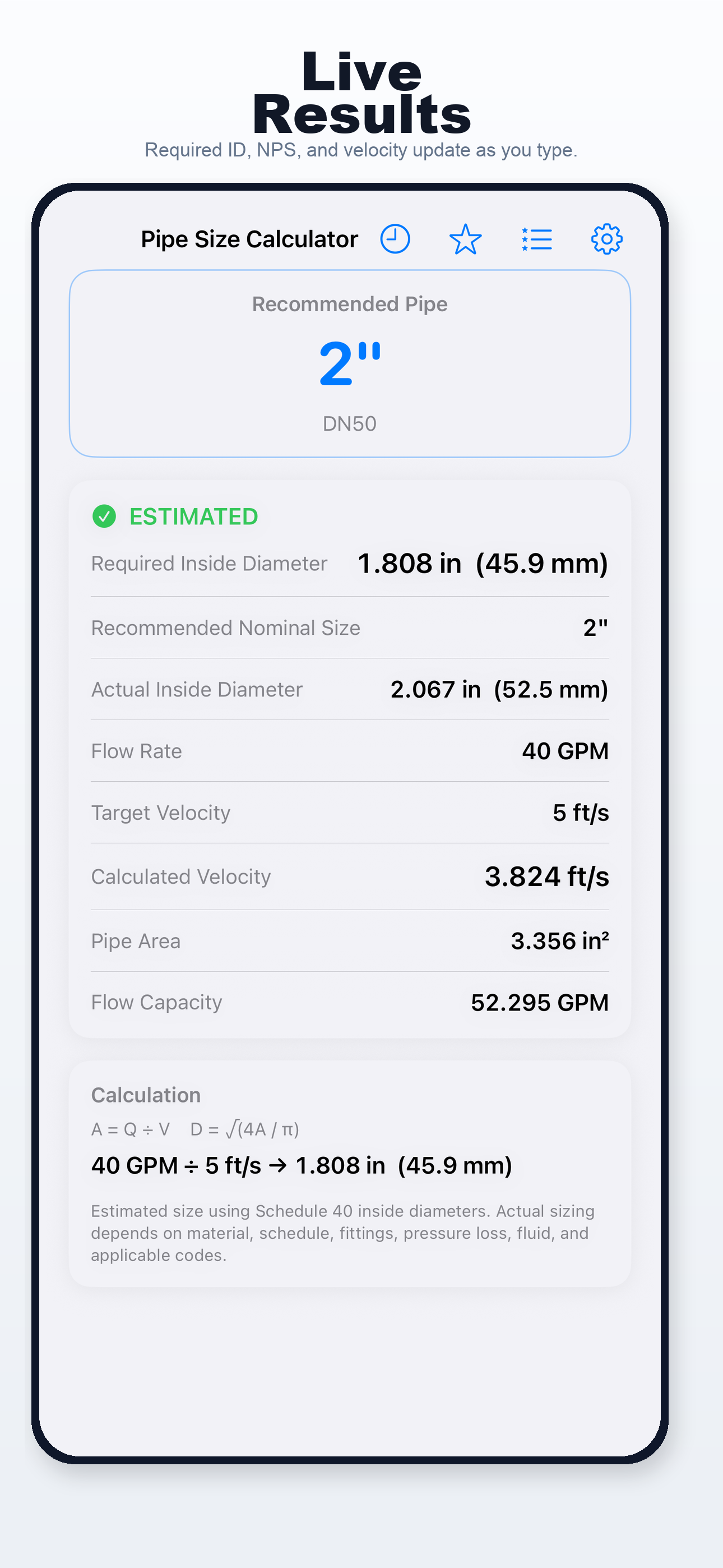 Pipe Size Calculator iPhone screen 2