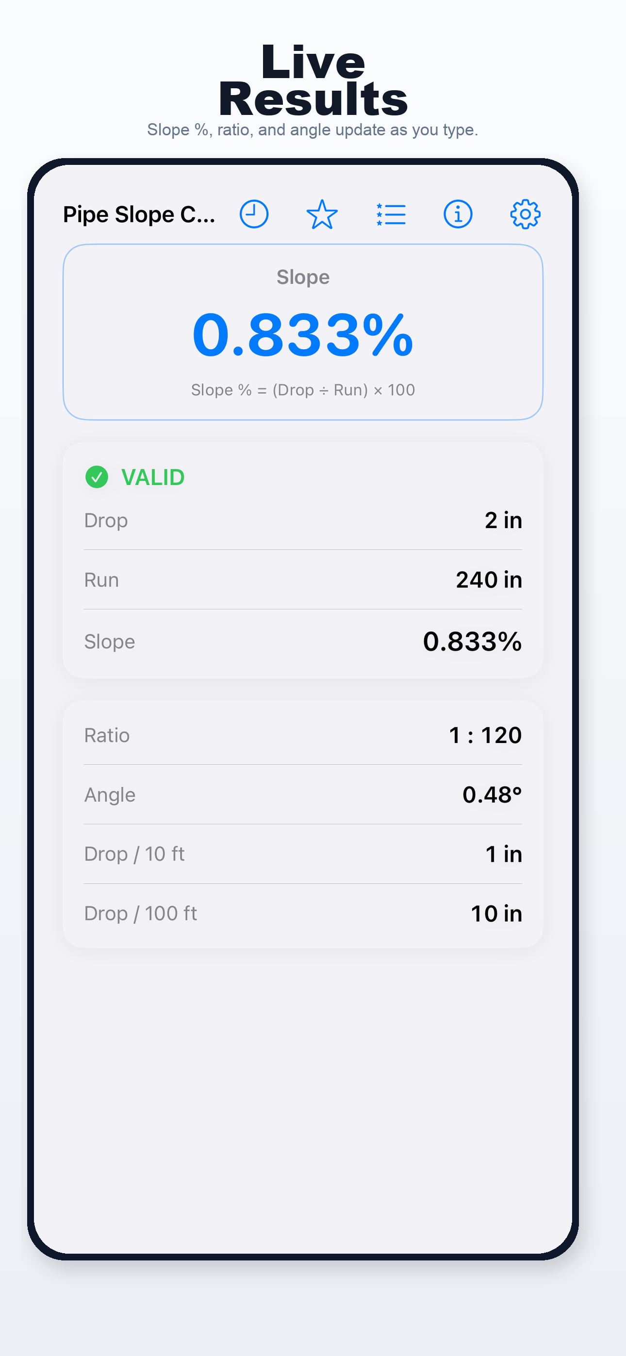 Pipe Slope Calculator iPhone screen 2