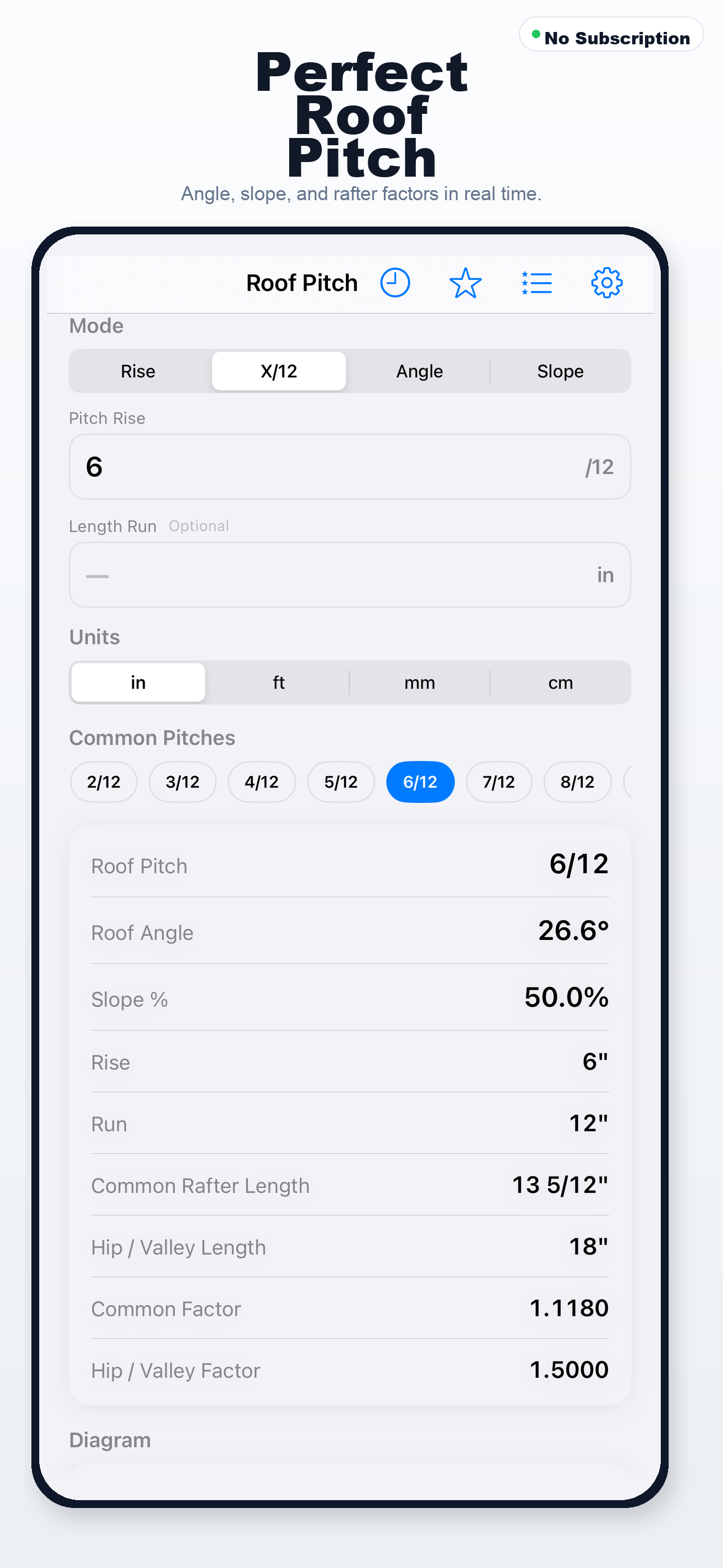 Roof Pitch Calculator iPhone screen 1